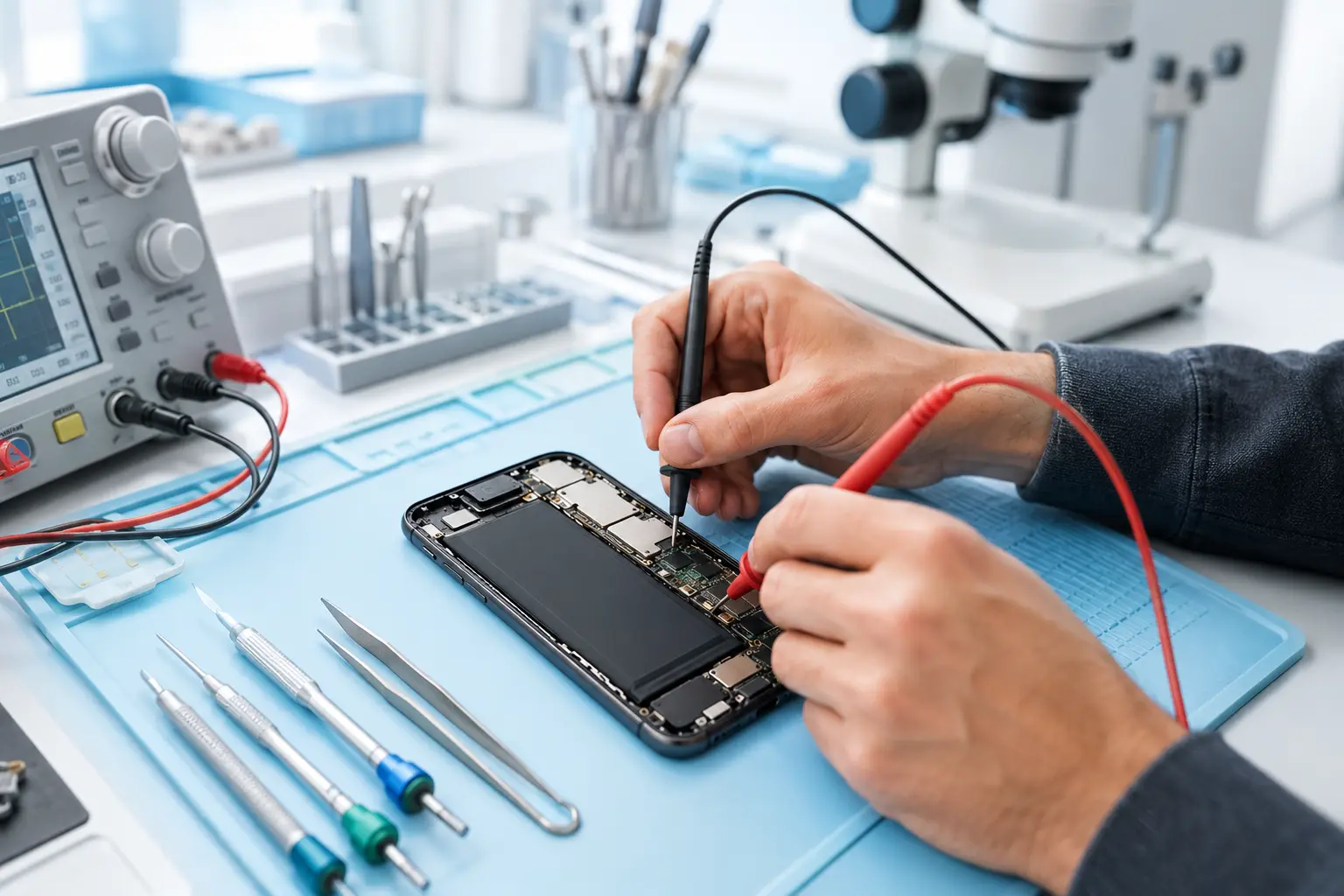 Diagnostic de smartphone aux Angles avec du matériel électronique professionnel