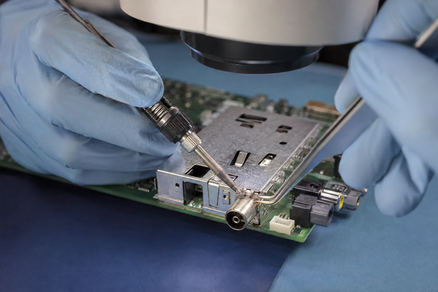 Soudure de précision d’un connecteur d’antenne sur une carte de téléviseur