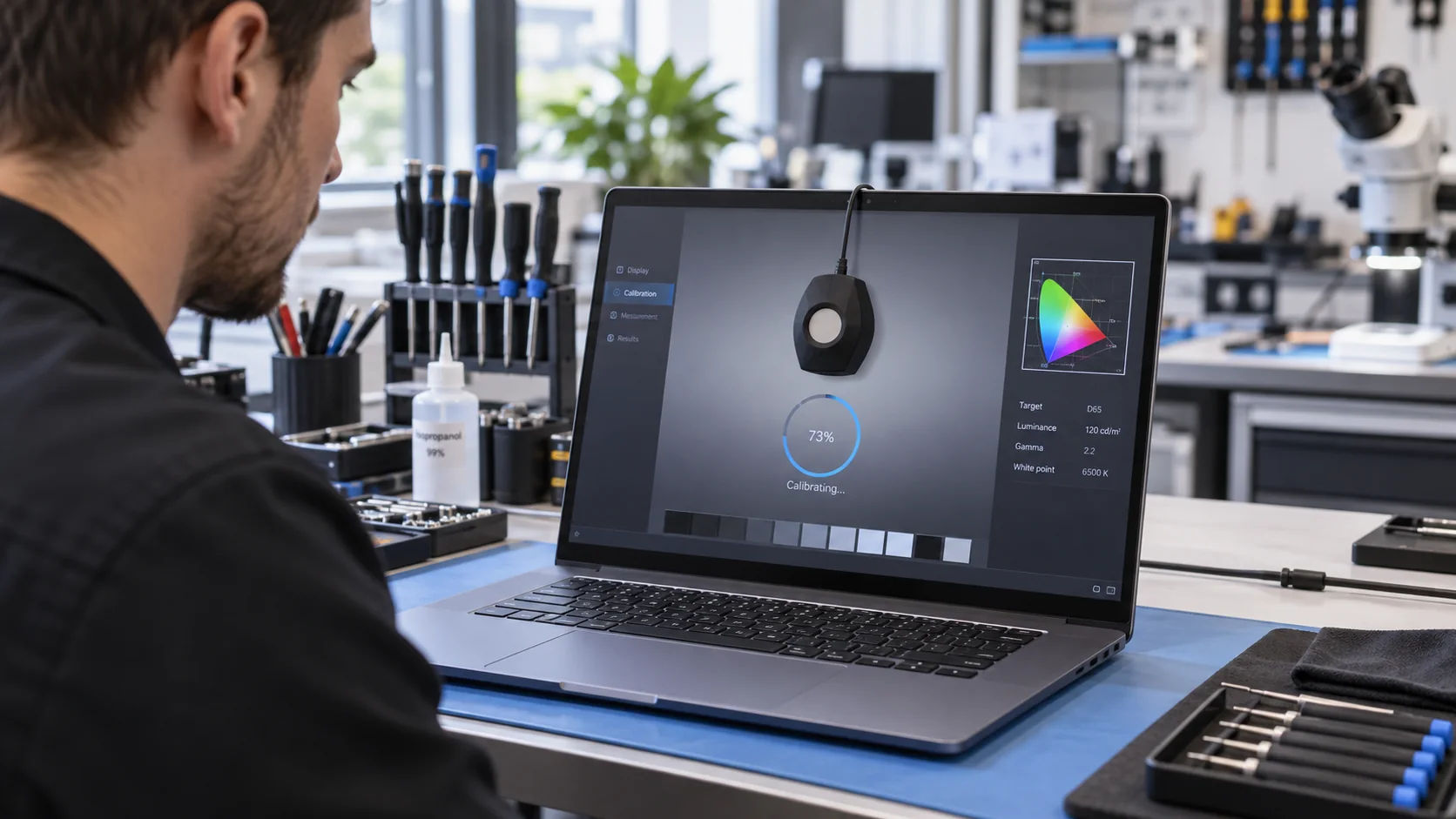 Calibration et contrôle final d’un écran de PC portable réparé