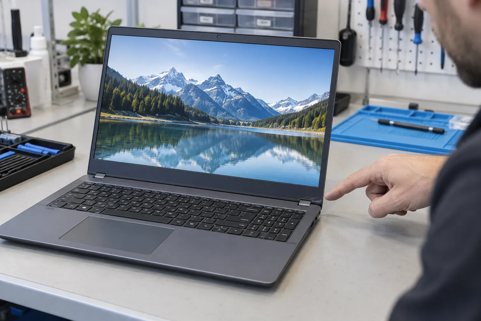 Capot et bezel d’un PC portable qui se séparent près de la charnière