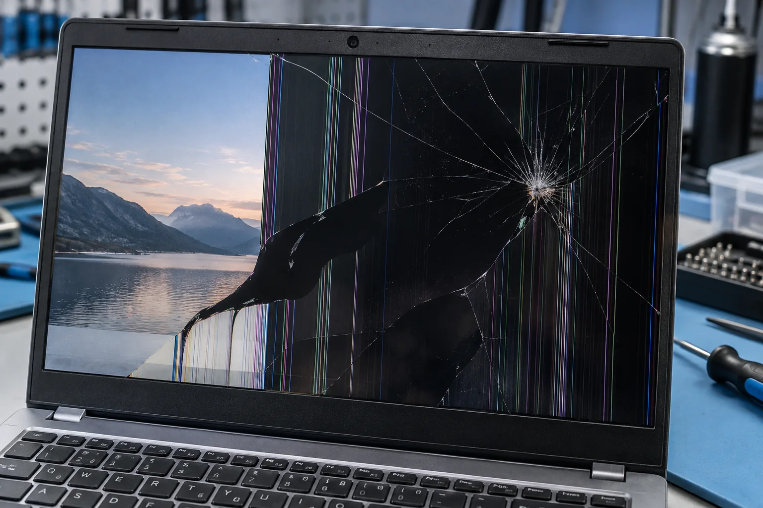 Dalle de PC portable cassée avec taches noires et lignes colorées