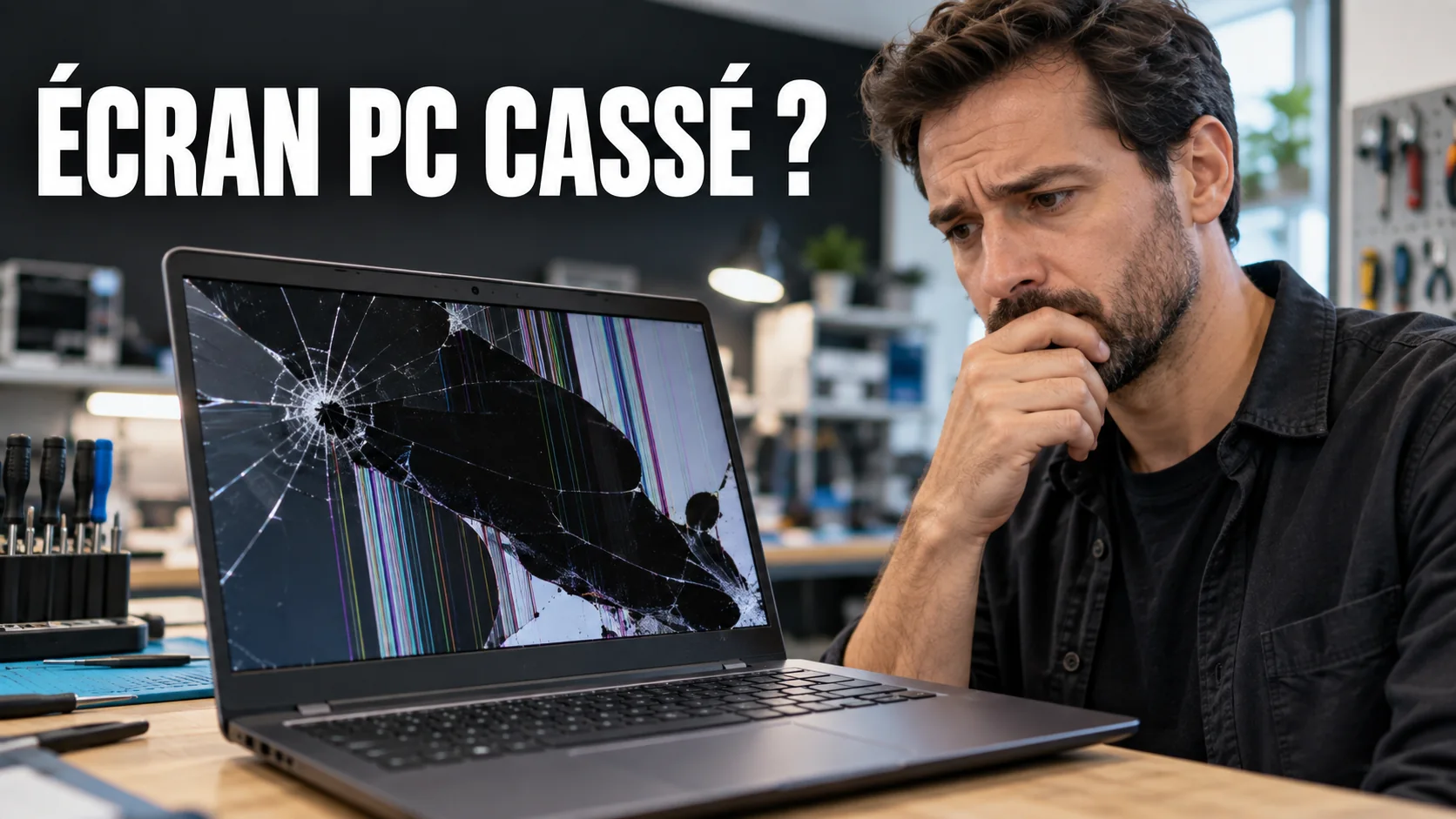 Homme inquiet devant l’écran cassé de son ordinateur portable