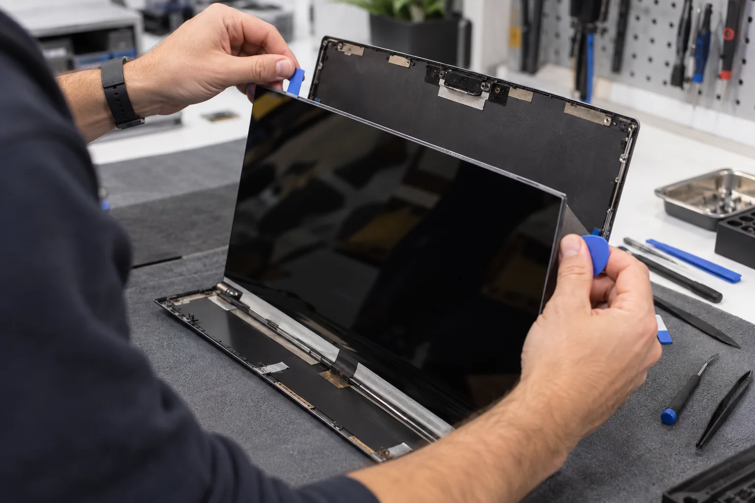 Retrait minutieux d’une dalle collée dans le capot d’un PC portable