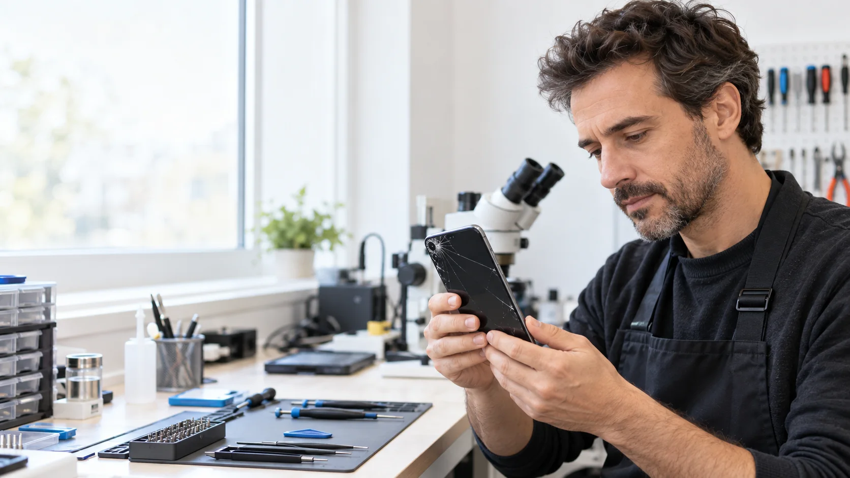 Technicien examinant l’écran fissuré d’un smartphone